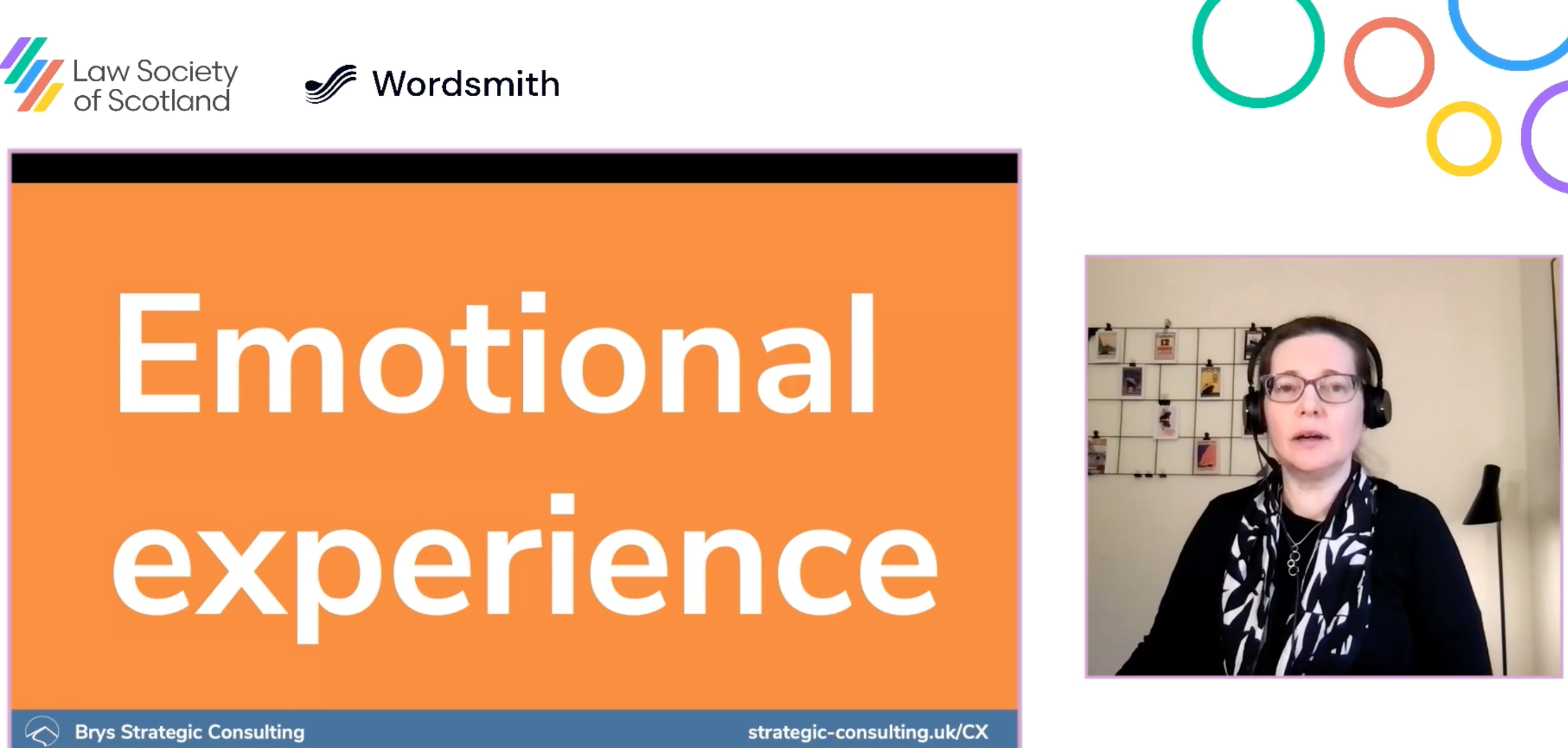 Screenshot of my talk for the Law Society of Scotland, with slide reading 'Emotional experience'