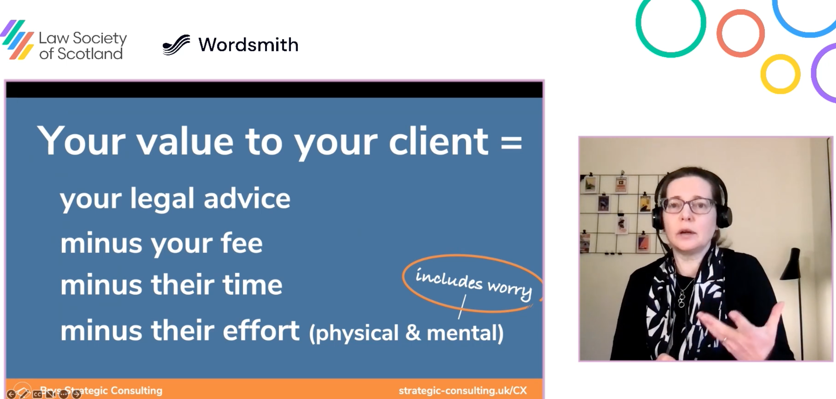 Screenshot of my talk for the Law Society of Scotland, with slide 'Your value to your client'