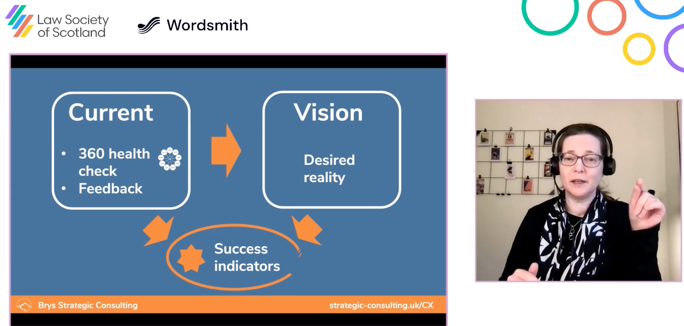 Screenshot of my talk for the Law Society of Scotland, with slide showing that success indicators should be informed by both your current situation and your vision