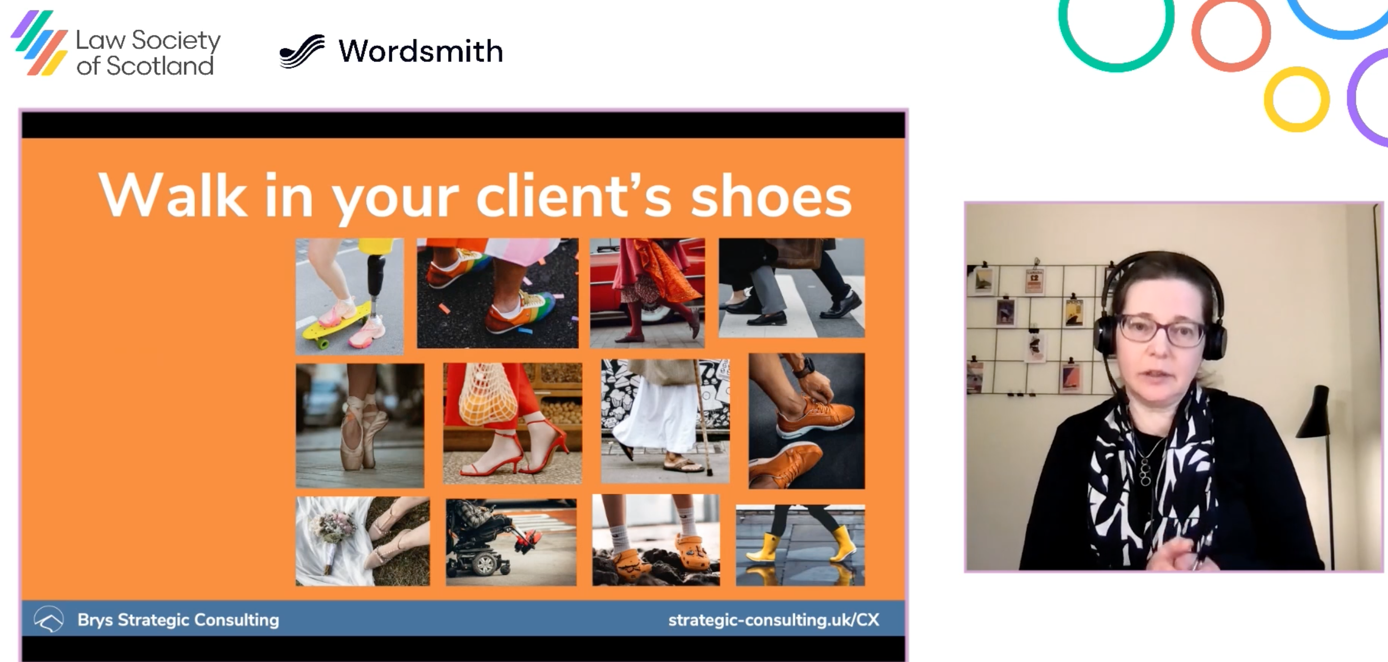 Screenshot of my talk for the Law Society of Scotland, with slide titled 'Walking in your client's shoes', showing a collage of diverse walking feet