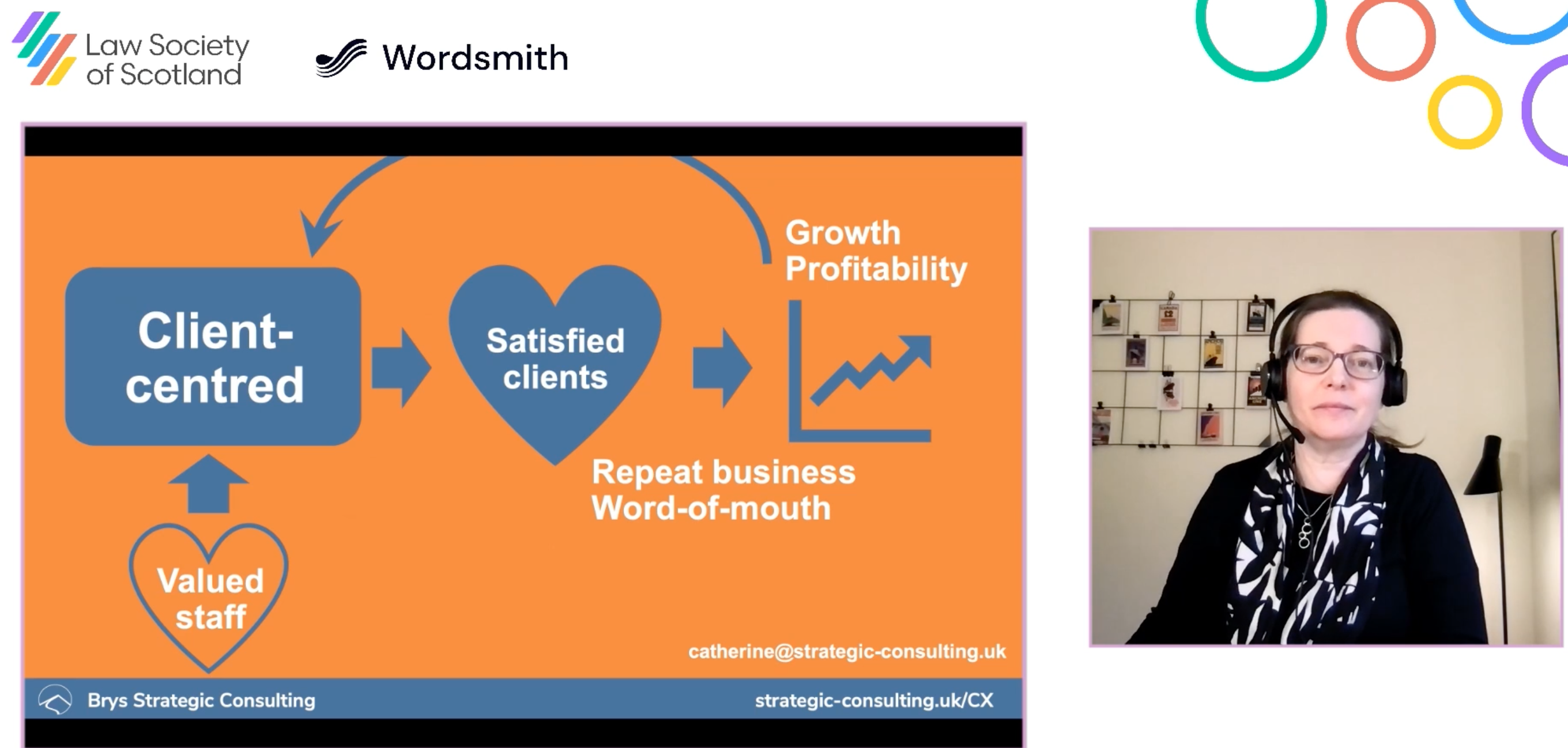 Screenshot of my talk for the Law Society of Scotland, with slide showing that being client centred helps your firm to be more profitable and to grow